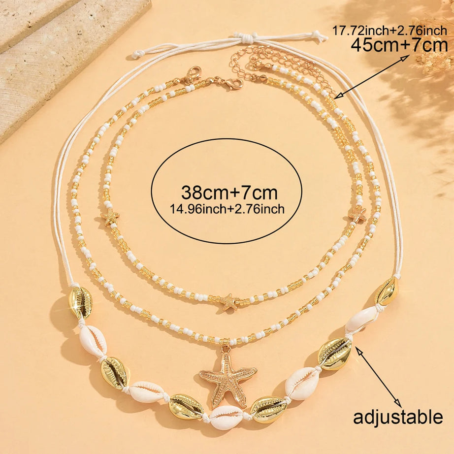 Three Layered Cowrie Shell and Starfish Boho Necklace