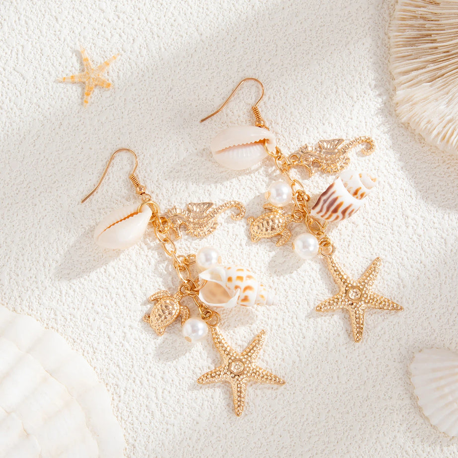 Starfish Scallop Long Tassel Drop Earrings Jewelry