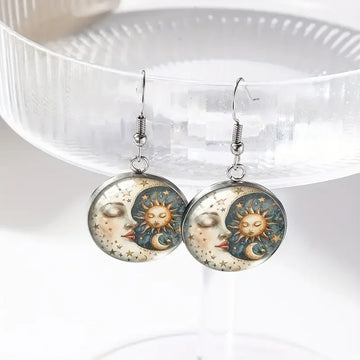 Boho Moon And Sun Earrings Stainless Steel Glass Celestial & Horoscope Dangle Earrings For Women