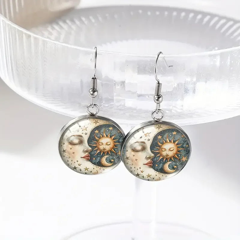 Boho Moon And Sun Earrings Stainless Steel Glass Celestial & Horoscope Dangle Earrings For Women