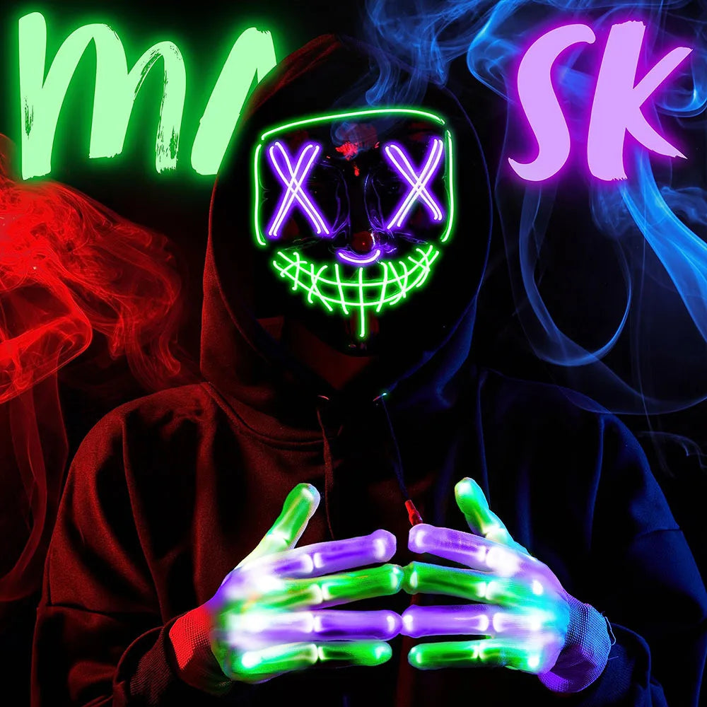 Halloween Mask Skeleton Gloves Set Light Up Scary LED Mask with Glow Anonymous Carnival Costumes glow purge Masks for Boys Girl - Charlie Dolly