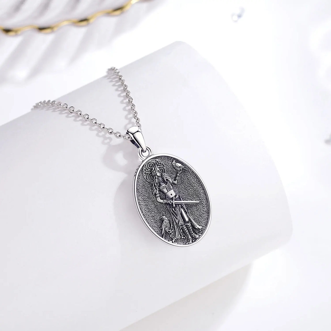 S925 Sterling Silver Morrigan Goddess Pendant Necklace, Viking Raven & Triple Spiral Pagan Amulet