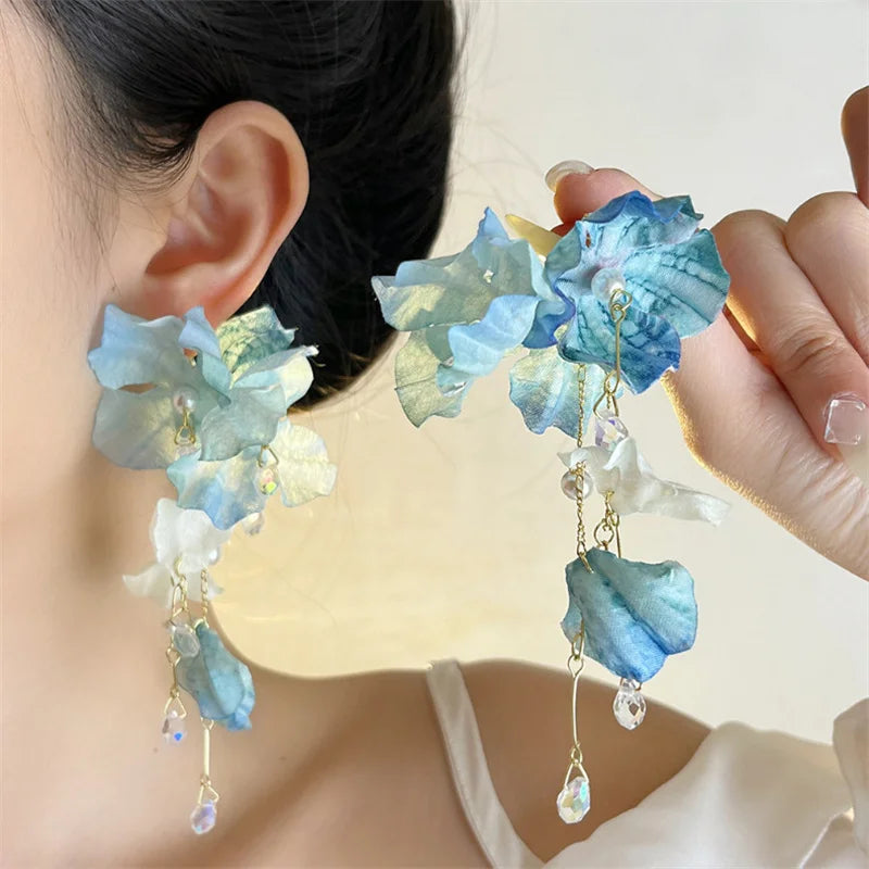 Boho Fashion Blue Flower Long Tassel Earrings For Women Exaggerated Cloth Petal Earrings Vacation Party Lady Jewelry Accessories