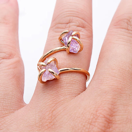 Irregular Amethyst Crystal Open Ring for Women Girls Claw Setting Gold-color Boho Natural Stone Finger Jewelry Resizable - Charlie Dolly