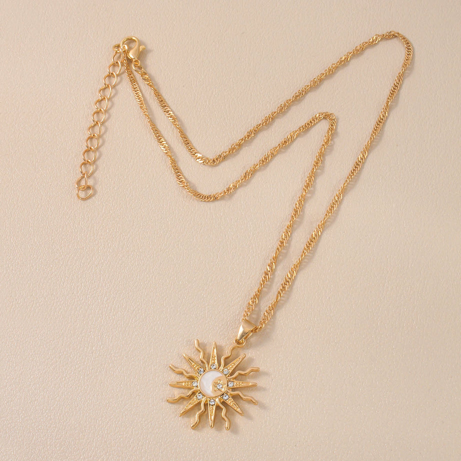 Sun Moon & Star Three-in-One Rhinestone Pendant Necklace, Vintage Celestial Talisman