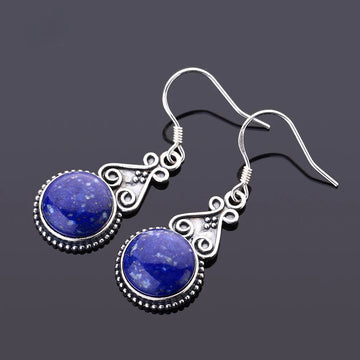 S925 Silver Drop Earring 10MM Round Lapis Lazuli Blue Pendant Earrings Engagement Wedding Women Fine Jewelri