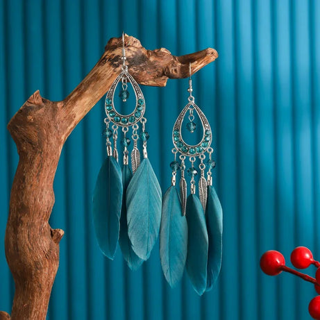 Feather Crystal Tassel Boho Dangle Earrings Jewelry