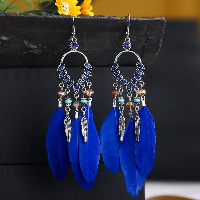 Fashion Earrings Bohemian Ethnic Style Leaf Earrings Jewelry Retro Long Tassel Colorful Feather Earrings Jewelry Gift - Charlie Dolly