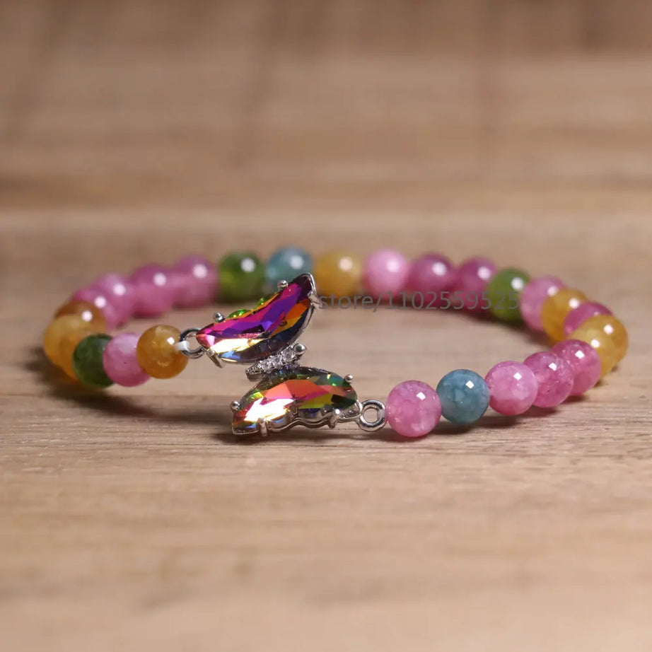 Natural  Rainbow tourmaline Agate Beaded Bracelet Adjustable Butterfly Charm Bracelet Women Boho Chic Stackable Jewelry Gift - Charlie Dolly