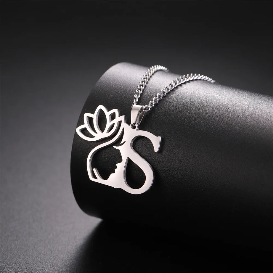 Lotus Flower Initial Letter Pendant, Personalized Stainless Steel Necklace