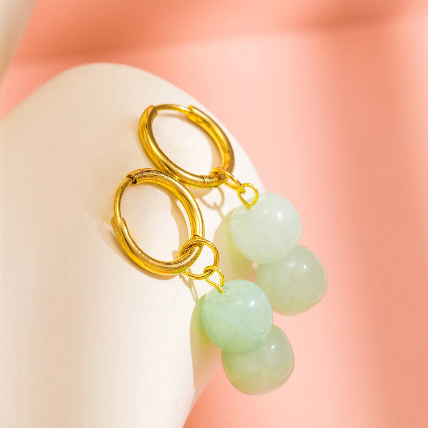 Natural Stone Charm Hoop Drop Earrings, Stainless Steel Trendy Boho Jewelry