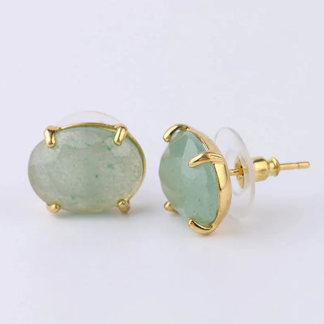 Oval Shape Stud Earrings golden Color Natural Stone Faceted Pink Quartz Crystal Agate lapis lazuli Healing Jewelry Female - Charlie Dolly