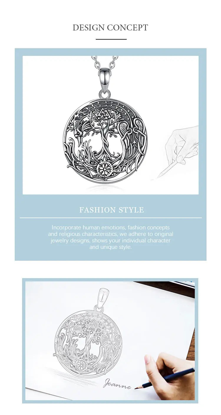 Eudora 925 Sterling Silver Phoenix Necklace Vintage Compass Tree of Life Pendant Viking Amulet Jewelry Party Gift for Women Men
