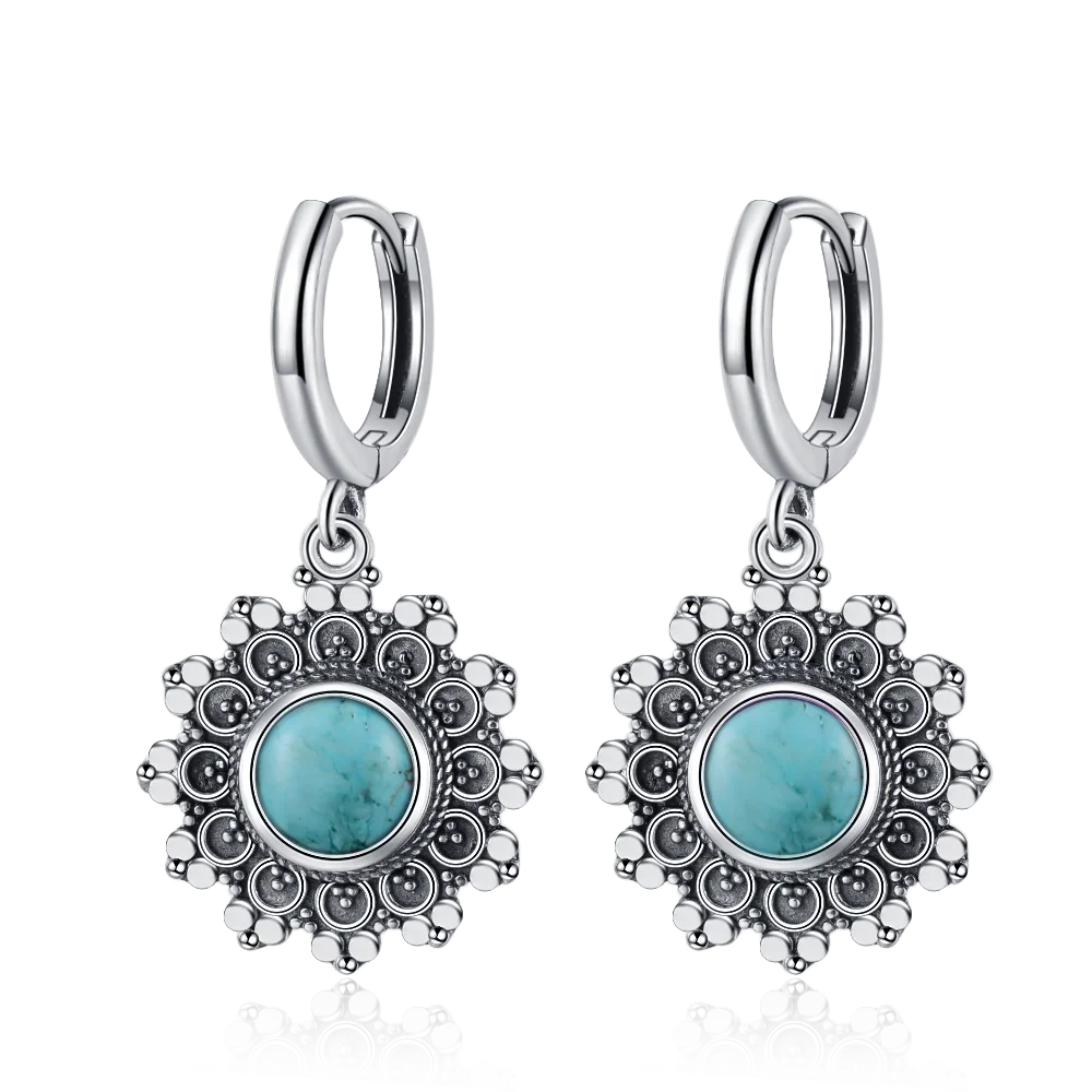 Natural Stone Sun Flower Hoop Earrings for Women, Vintage Antique Silver Turquoise Amethyst Labradorite Dangle Earring Wholesale