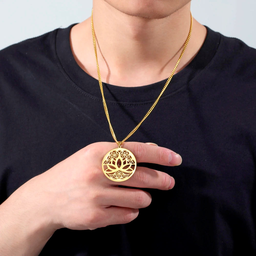 Dawapara Lotus Flower of Life Necklace Stainless Steel Women Jewelry Buddhism Peace Symbol Yoga Meditation Amulet Pendant