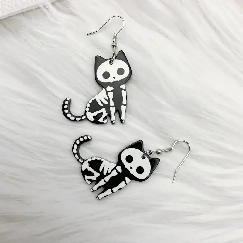 1pair Halloween Skeleton Cat Design Dangle Earrings Cartoon Cute Style Acrylic Jewelry Ghost Festival Earrings - Charlie Dolly