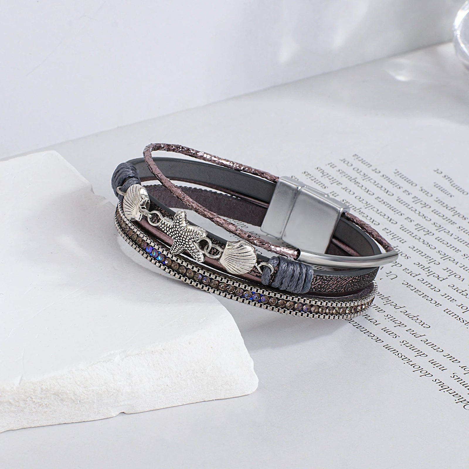 ALLYES Charm Starfish Shell Leather Bracelet for Women Men Boho Metal Tube Crystal Beads Chain Bracelets & Bangles Beach Jewelry