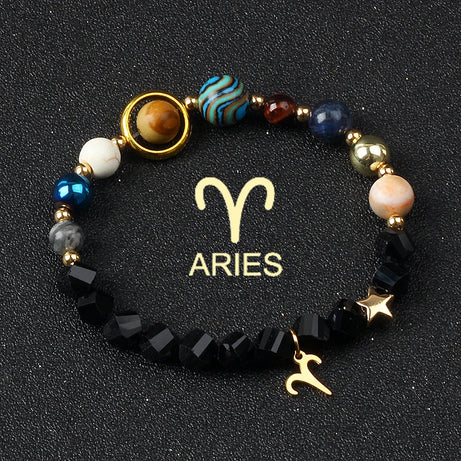 Eight Planets & Twelve Zodiac Beaded Bracelet, Natural Stone Cosmic Astrology Talisman