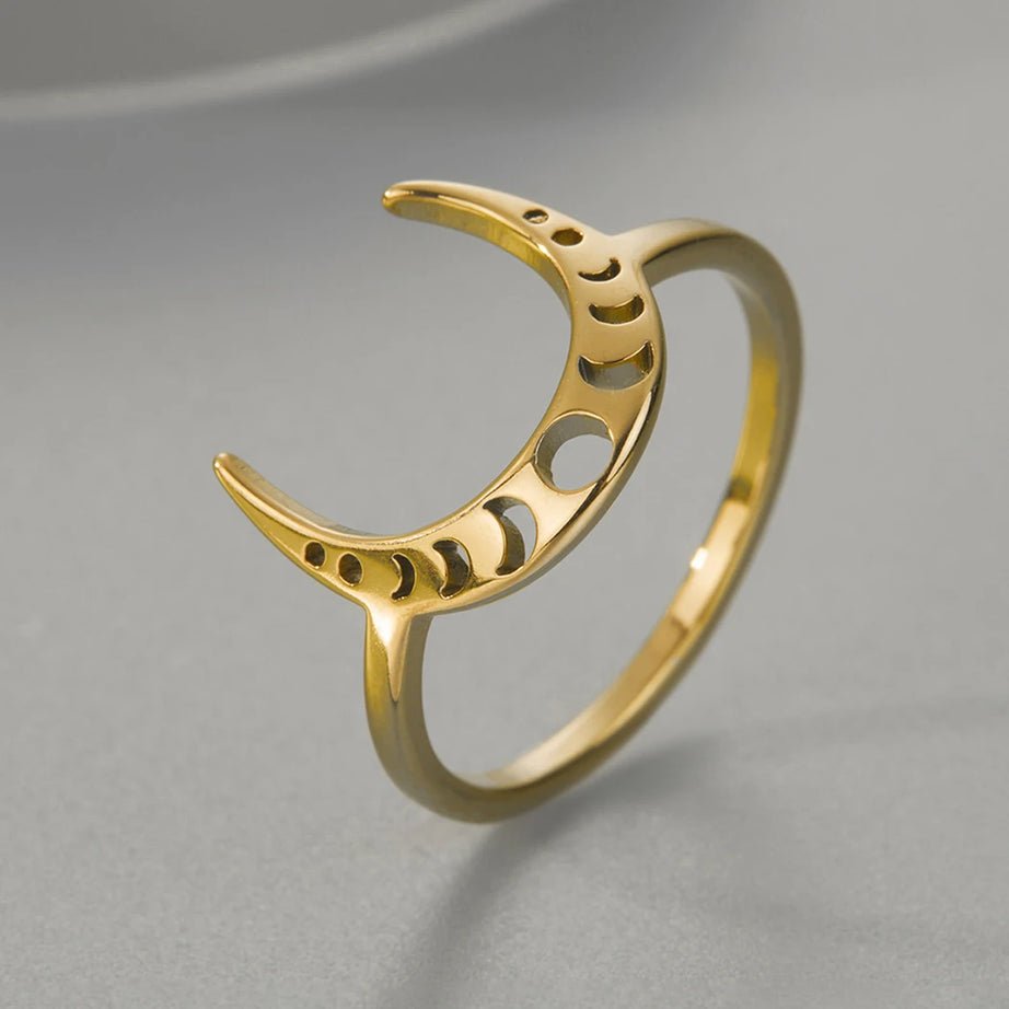 Moon Phase Band Ring, Stainless Steel Celestial Witchy Amulet