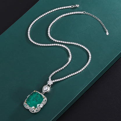 Luxury Vintage 20*23mm Emerald Pendant Tennis Chain Necklace for Women Lab Diamond Cocktail Party Fine Jewelry Accessories Gift