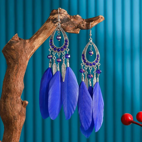 Feather Crystal Tassel Boho Dangle Earrings Jewelry