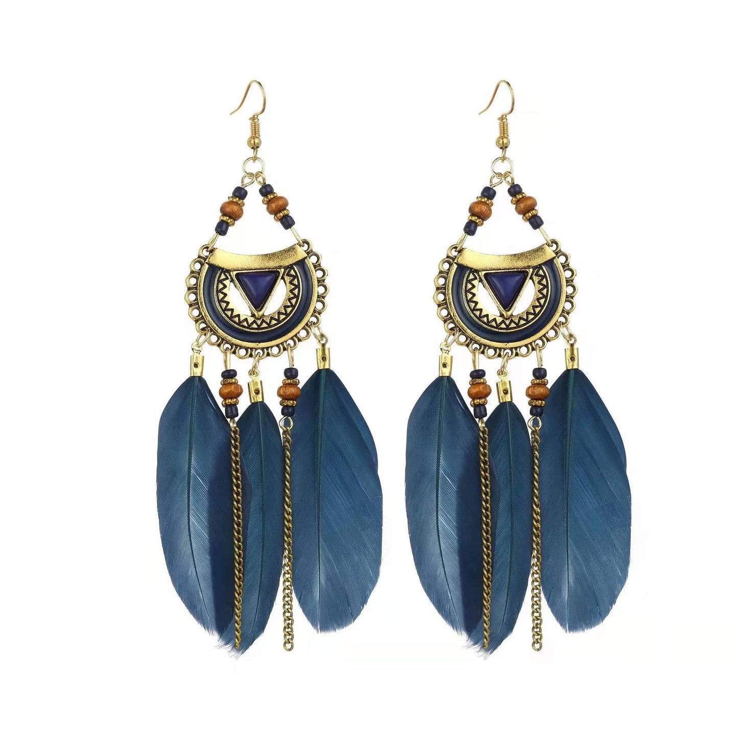 Bohemian White Semicircle Long  Feather Tassel Ladies Earrings Women Summer Indian Jewelry Natural Wood Beads Dangle Earrings