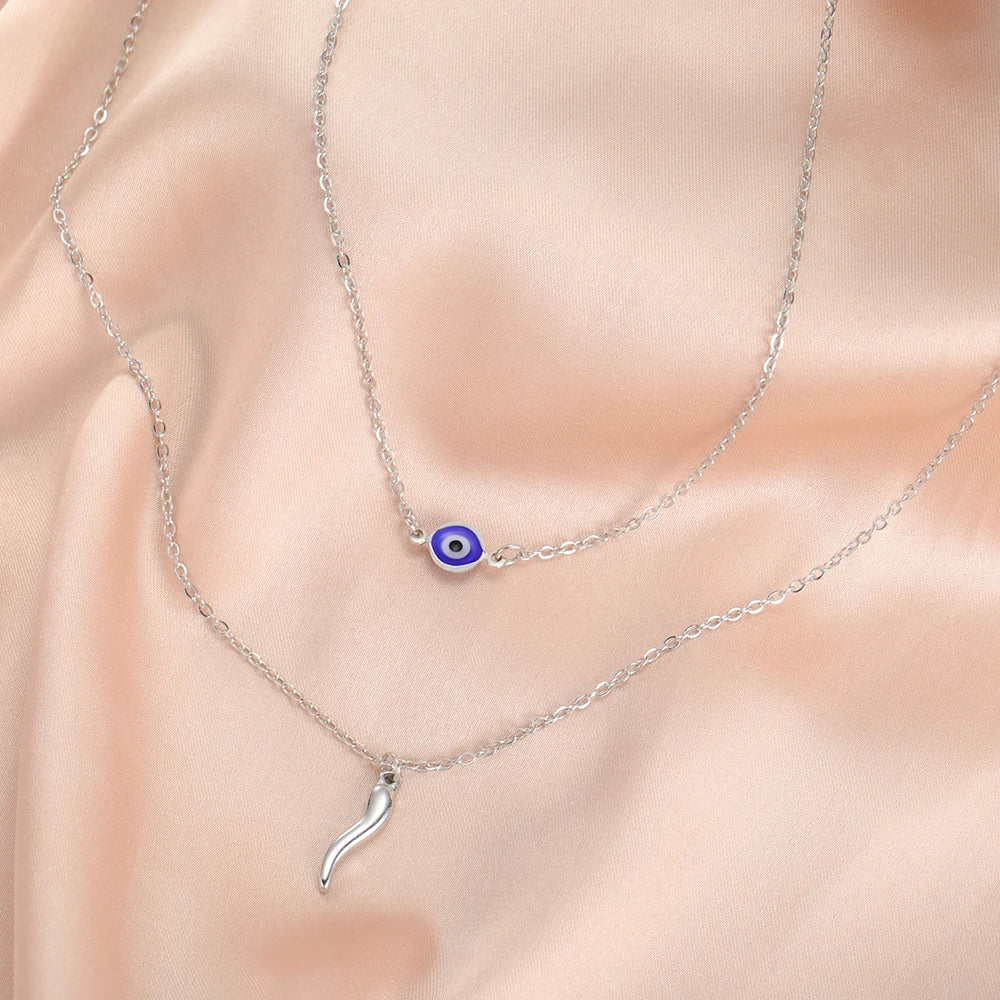 Dawapara Italian Horn and Blue Evil Eye Charm Necklace Double Layer Women Necklace Spiritual Protection Amulet Religious Jewelry