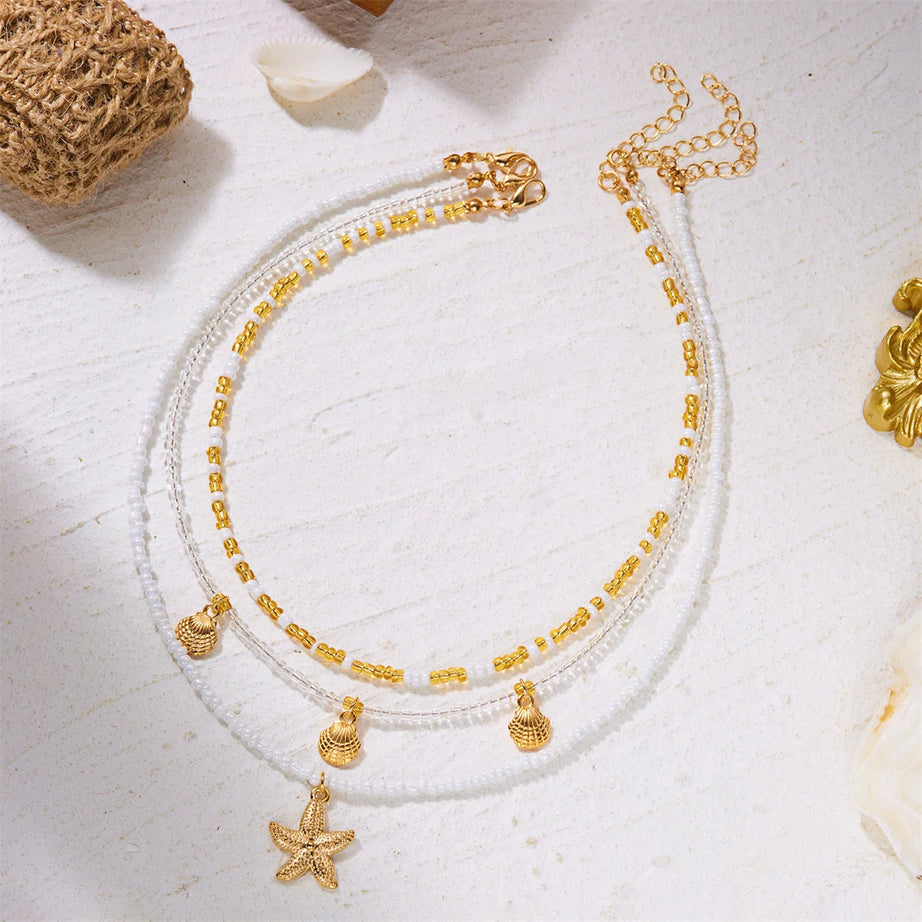 Dainty Shell, Starfish and Rice Bead Layered Clavicle Necklace