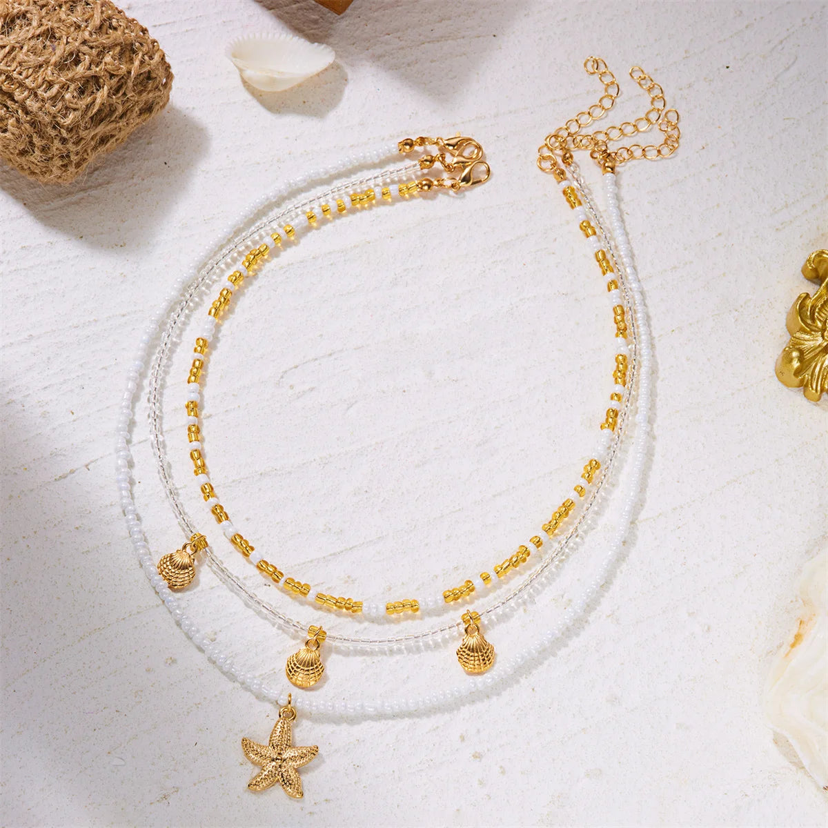 Dainty Shell Starfish Rice Beads Pendant Necklace for Women Boho Sea Star Layered Clavicle Chain Beach Party Jewelry Gift