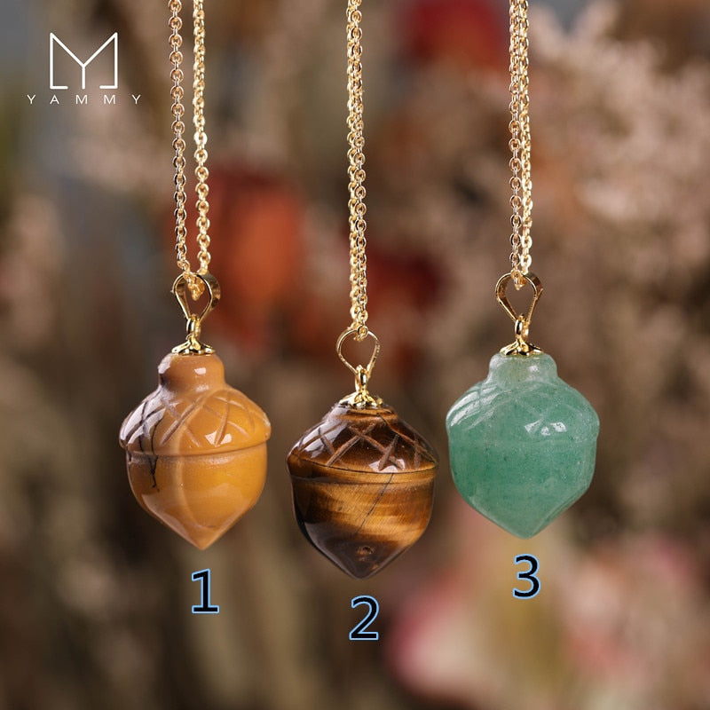 Yammy Crystal Acorn Necklace,Hand Carved Stone Acorn Pendant Gold Chain Necklace,Healing Meditation Energy Pendant Necklace - Charlie Dolly