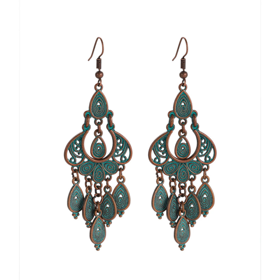 أقراط متدلية مصنوعة من سبائك البرونز العتيق للنساء أقراط Jhumka الهندية ذات سلسلة طويلة بوهو تريبل