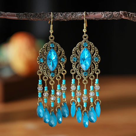 Blue Enamel Feather Crystal Long Earrings Jewelry