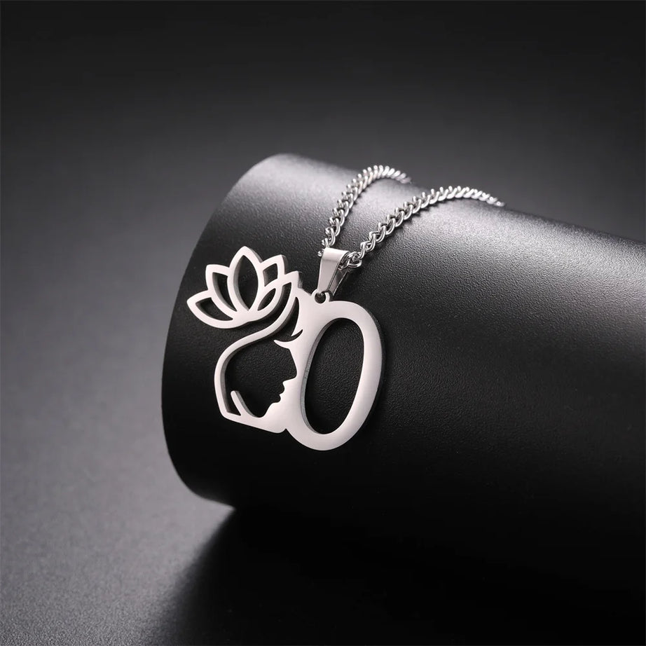 Lotus Flower Initial Letter Pendant, Personalized Stainless Steel Necklace