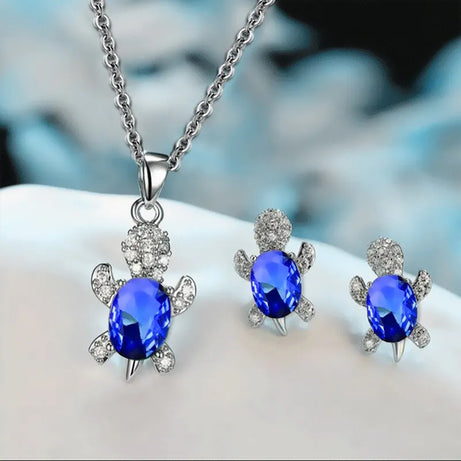 Sea Turtle Necklace & Earrings Set of 3, Silver-Plated Multi-Color Glass Ocean Jewelry