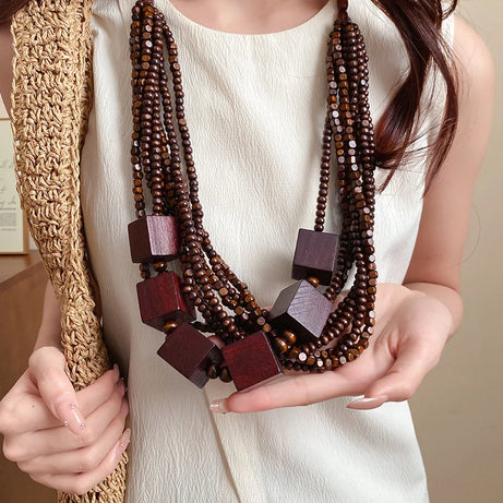 Cubic Wood Bead Multilayer Statement Necklace Jewelry