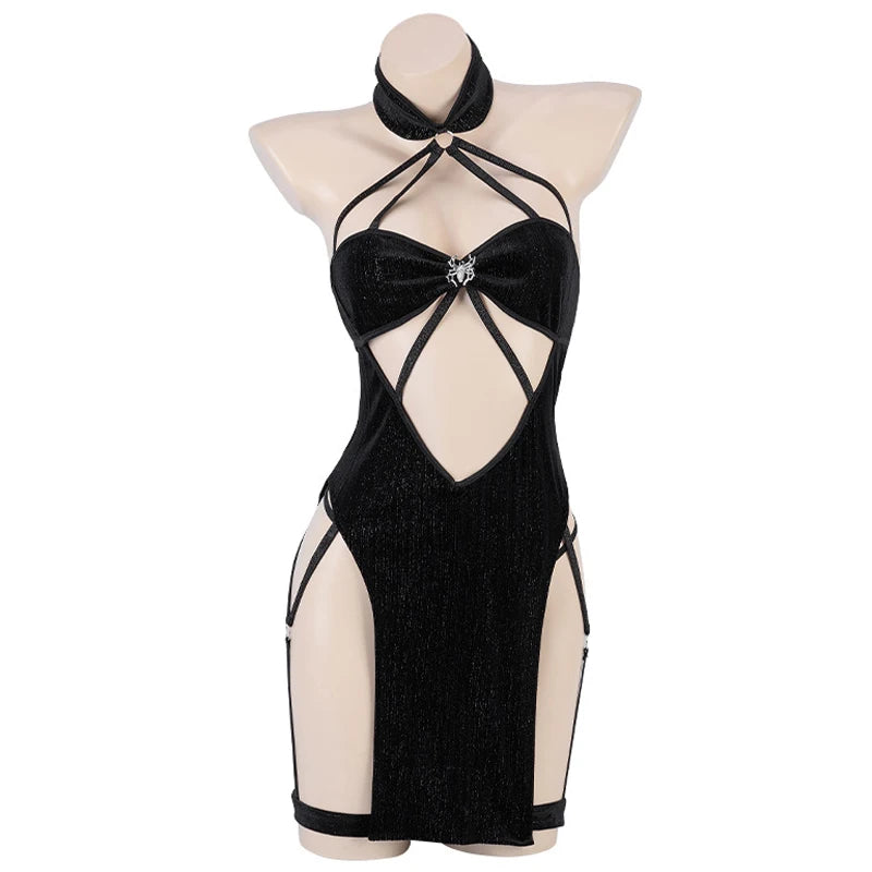 Halloween 2023 Spider Halter Straps Dress Unifrom Women Backless Hollow Cheongsam Outfits Costumes Cosplay - Charlie Dolly
