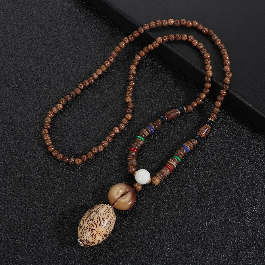 Nepal Wood Bead Mala Pendant Necklace Jewelry