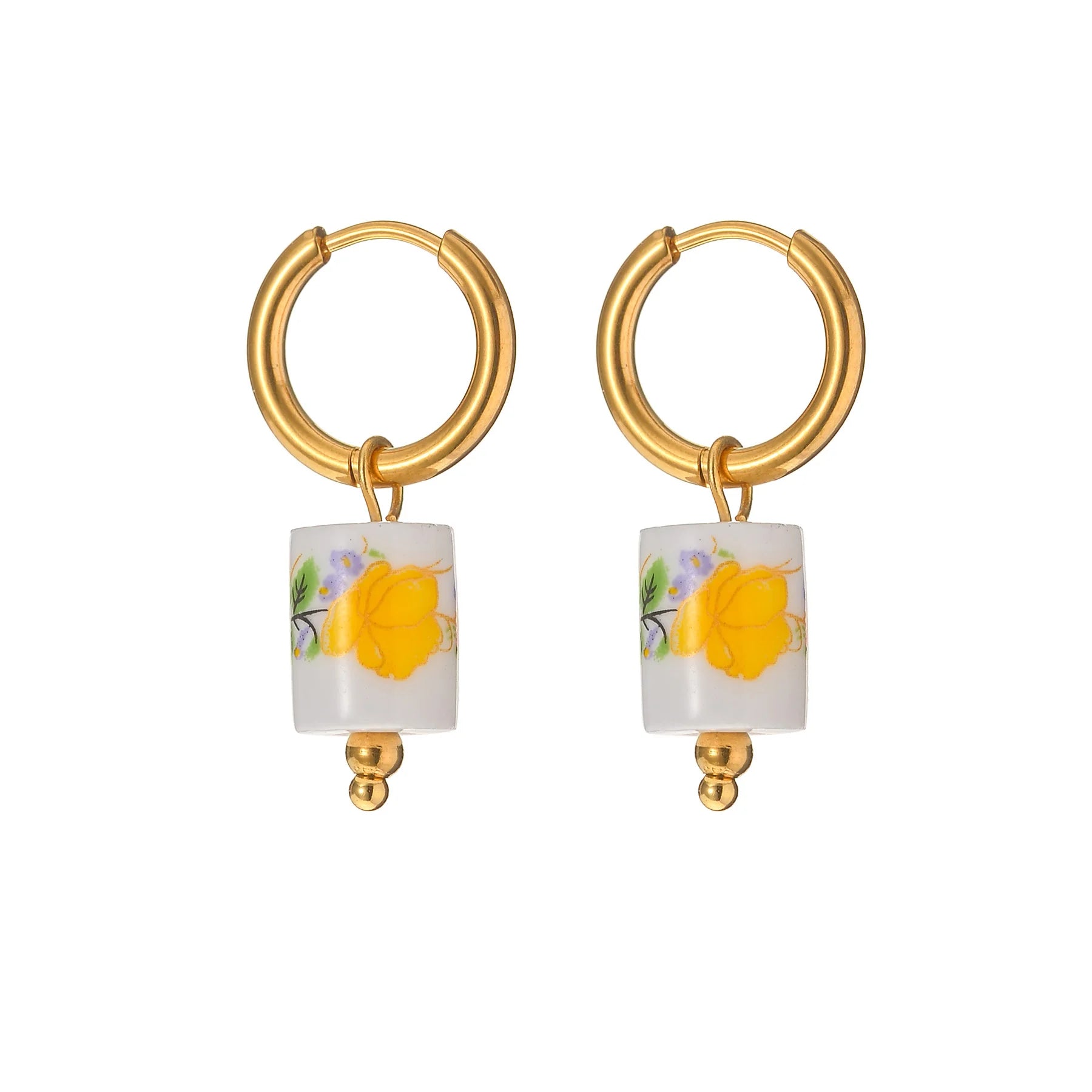Boho Ceramic Earrings With Handmade Designs Stainless Steel Colorful Fish/Flower Motifs Ear Hoops Trendy Women's Accessories