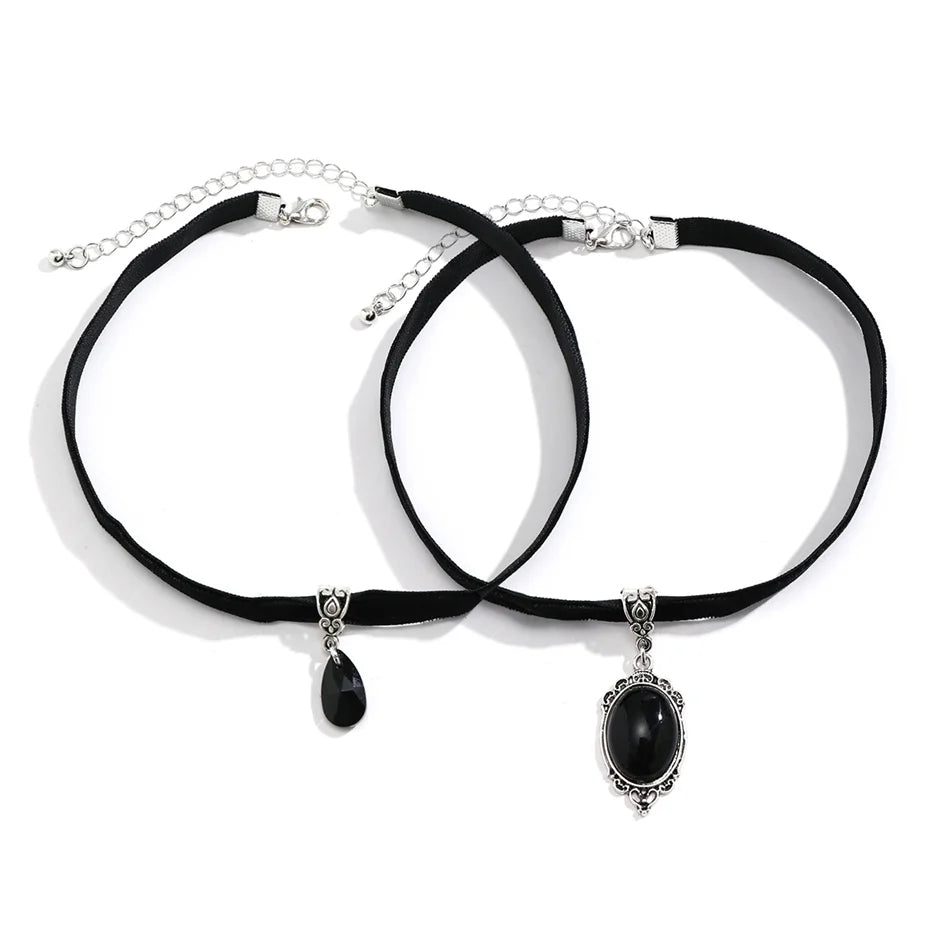 2Pcs Goth Korean Velvet Chain Water Drop Crystal Pendant Choker Necklace for Women Collares Adjustable Choker Halloween Jewelry - Charlie Dolly