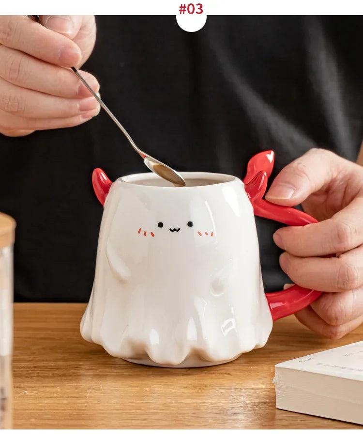 1pc 16oz Large Ceramic Halloween Devil Mug Adorable Cartoon Ghost Elf Kawaii Elves Porcelain Tea Cup Drinkware Gift for Kids - Charlie Dolly