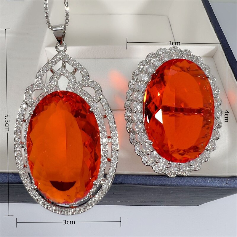 High Grade Crystal Oval Large Stone Pendant Necklace For Women Jewelry Set Trendy 925 Sterling Silver Chain Necklace Lady Gift