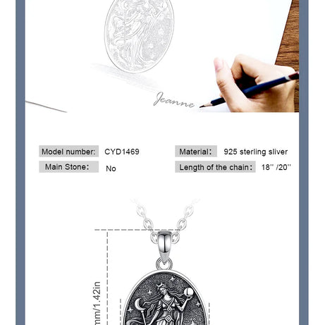 S925 Sterling Silver Nyx Moon Goddess Pendant Necklace, Dark Goddess of Night Wicca Amulet