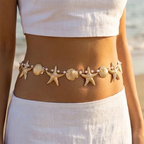 Metal Starfish, Shell and Pearl Boho Waist and Belly Chain