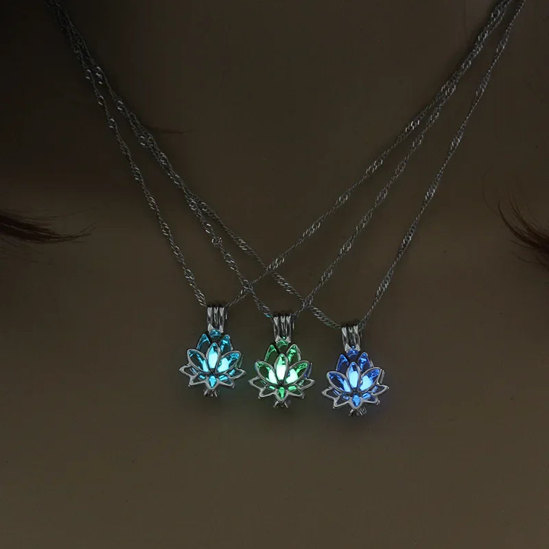 Luminous Exquisite Glowing in The Dark Minimalist Moon Lotus Flower Shaped Pendant Charm Necklace Women Hip Hop Punk Jewelry
