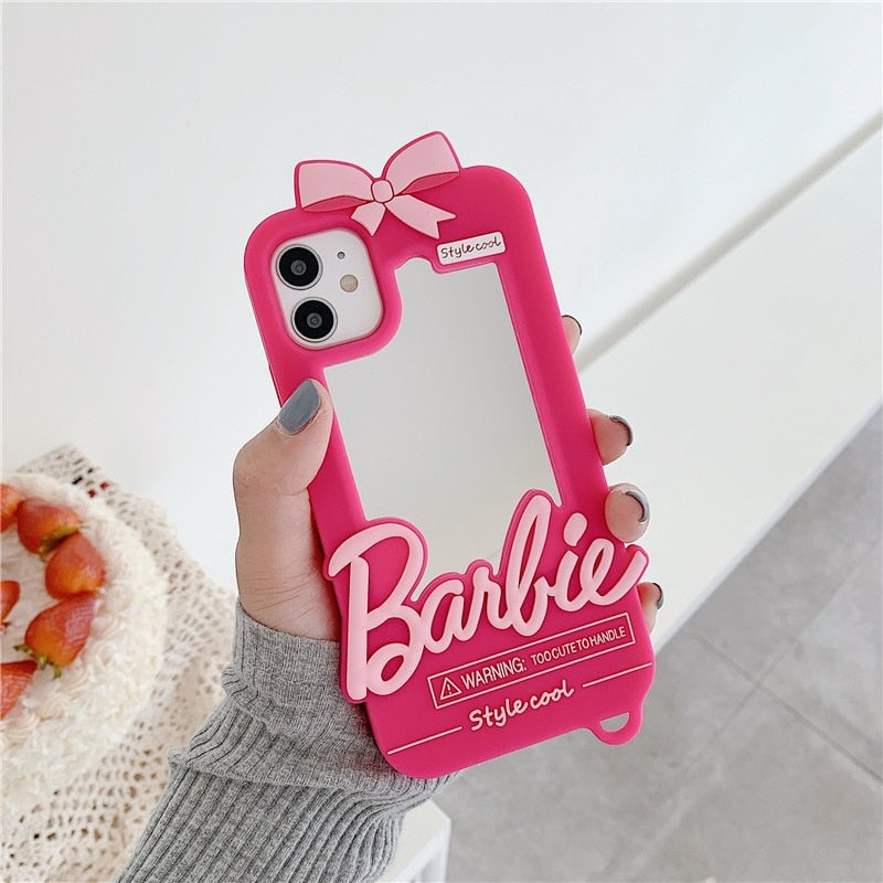 Kawaii Barbie Phone Case for 11 12 13 14 Pro Max Mini Xsmax Xr Xs X 6 7 8 Plus Se Anime Doll Pendant Fashion Cover with Mirror
