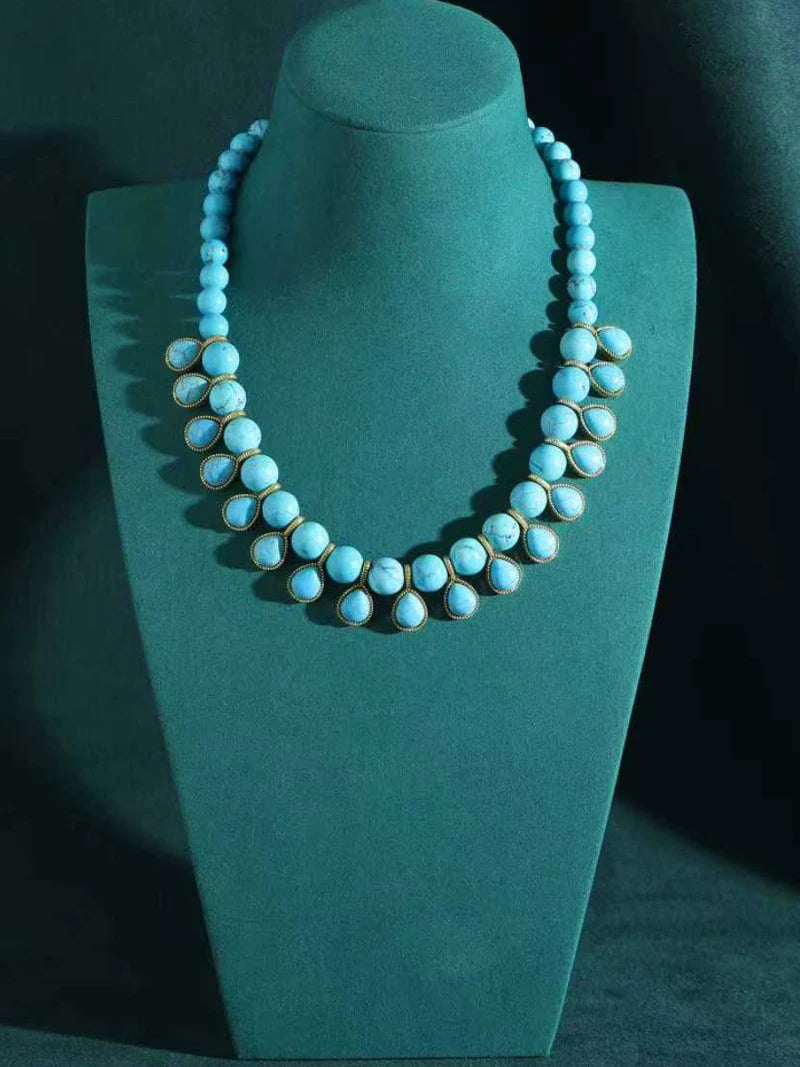 Bohemia Blue Natural Stone Water Drop Beads Chain Choker Necklace Vintage Jewelry for Woman Retro New in Boho Luxury Accessories