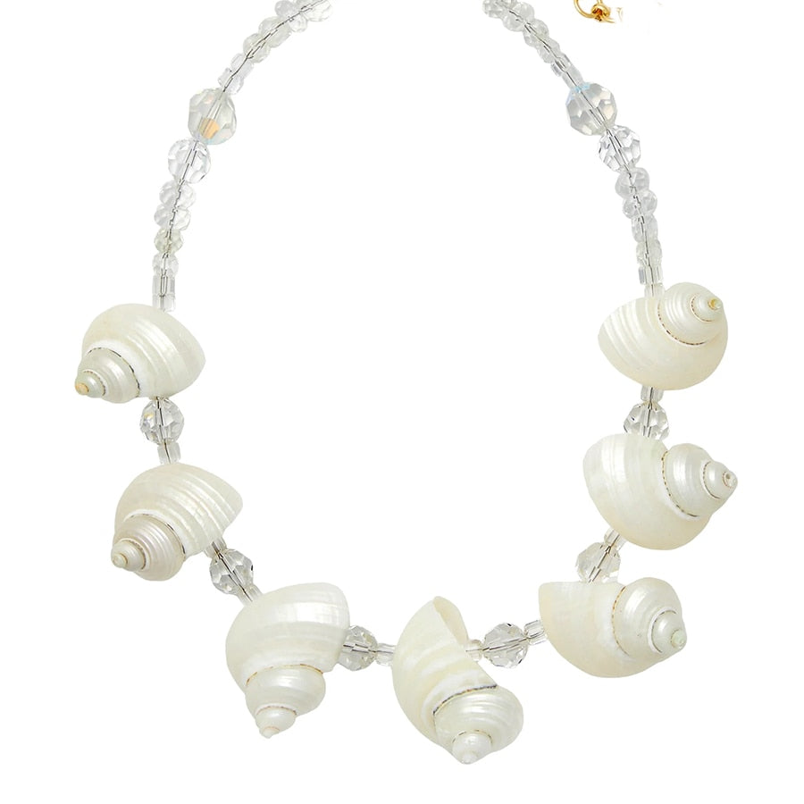 Boho semi-precious gemstone flower beads and mini faceted rondelle zircon crystal beads Scallop Conch shells Necklace - Charlie Dolly