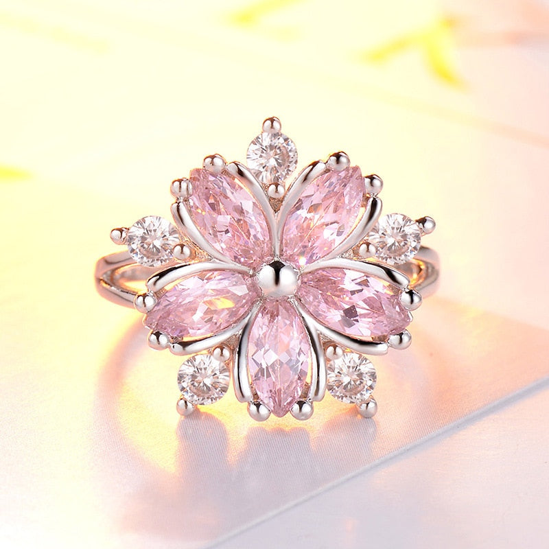 Luxury Flower Shape Zircon Engagement Ring for Women Silver Color Pink Wedding Rings Girl Party Jewelry Gift Anillos - Charlie Dolly