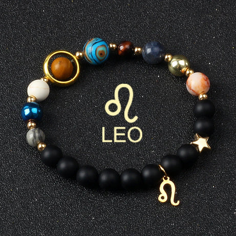Eight Planets & Twelve Zodiac Beaded Bracelet, Natural Stone Cosmic Astrology Talisman