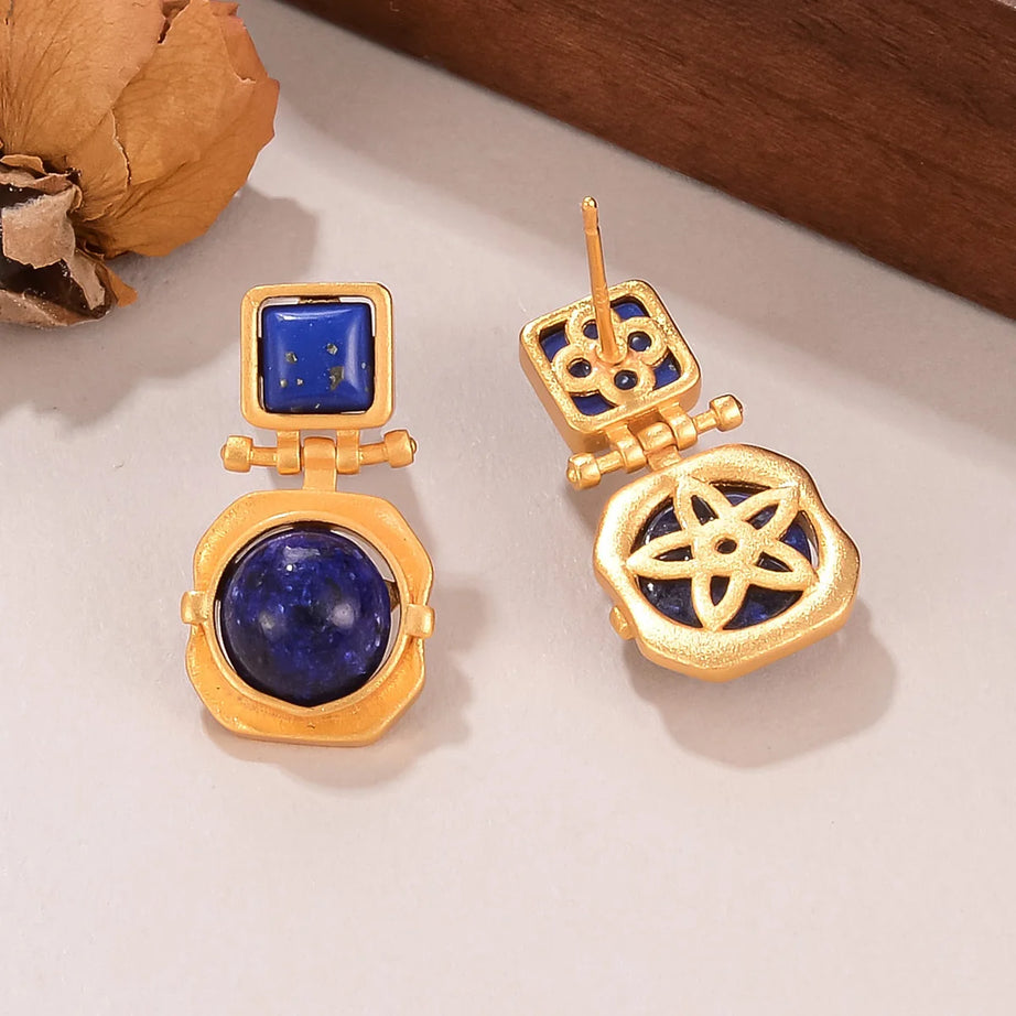 New Vintage Gold Plated Lapis Lazuli Drop Earrings for Women, Fashion Blue Stone Geometric Dangle Earrings Jewelry Gift - Charlie Dolly